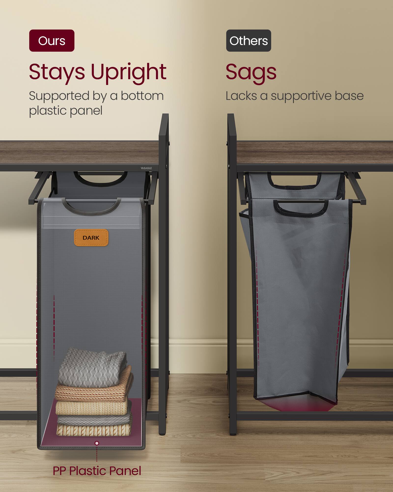 **Ours**  
Stays Upright  
Supported by a bottom plastic panel  

**Others**  
Sags  
Lacks a supportive base  

PP Plastic Panel