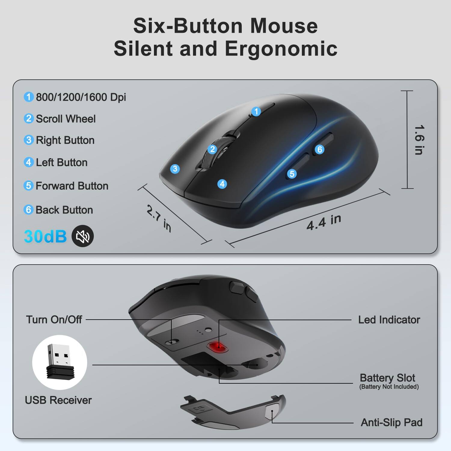 Six-Button Mouse Silent and Ergonomic  
1. 800/1200/1600 Dpi  
2. Scroll Wheel  
3. Right Button  
4. Left Button  
5. Forward Button  
6. Back Button  
1.6 in  
30dB  
2.7 in  
4.4 in  
Turn On/Off Led Indicator  
USB Receiver  
Battery Slot (Battery Not Included)  
Anti-Slip Pad