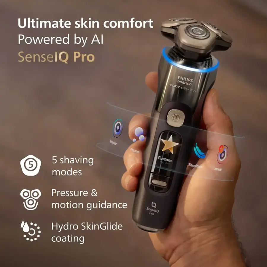 Ultimate Skin Comfort Powered by AI SenselQ Pro:

* Philips Norelco Prestige Ultra
* 5 shaving modes: Regular Foam, Custom Dust, Sensitive, Intense, Pressure & Motion Guidance
* Hydro SkinGlide coating
* SenselQ Pro