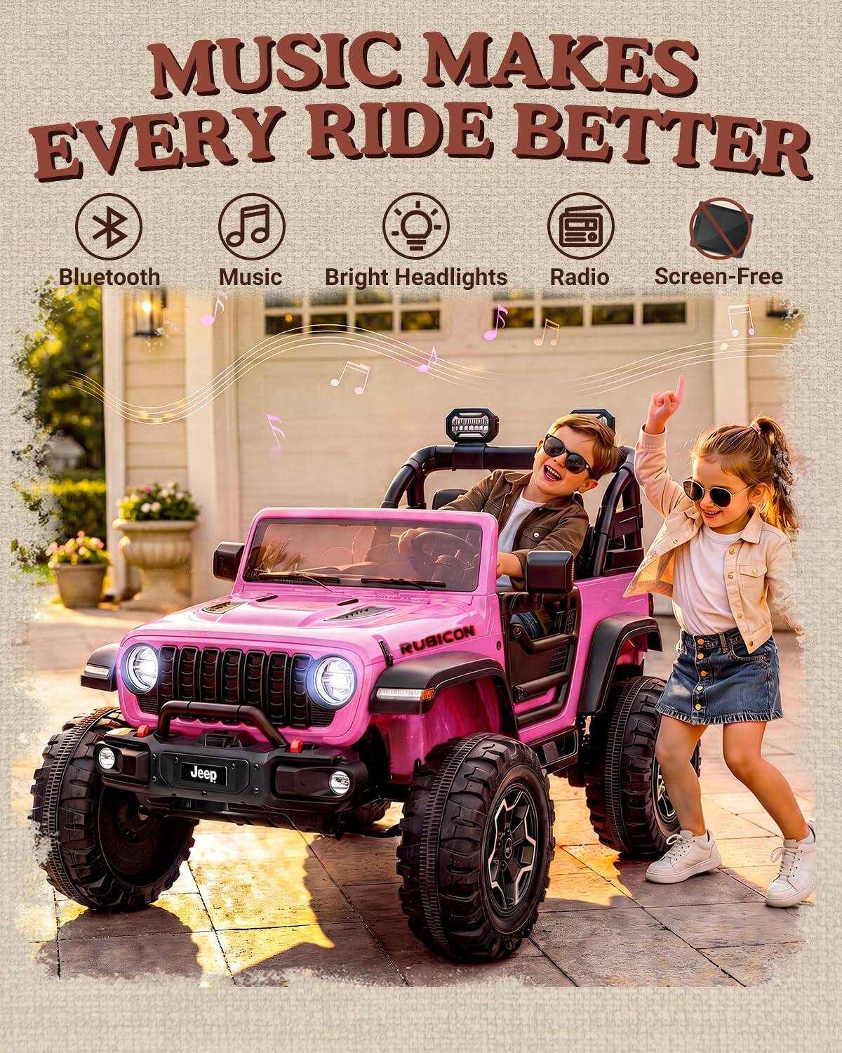 MUSIC MAKES EVERY RIDE BETTER

Bluetooth
Music
Bright Headlights
Radio
Screen-Free

RUBICON
Jeep