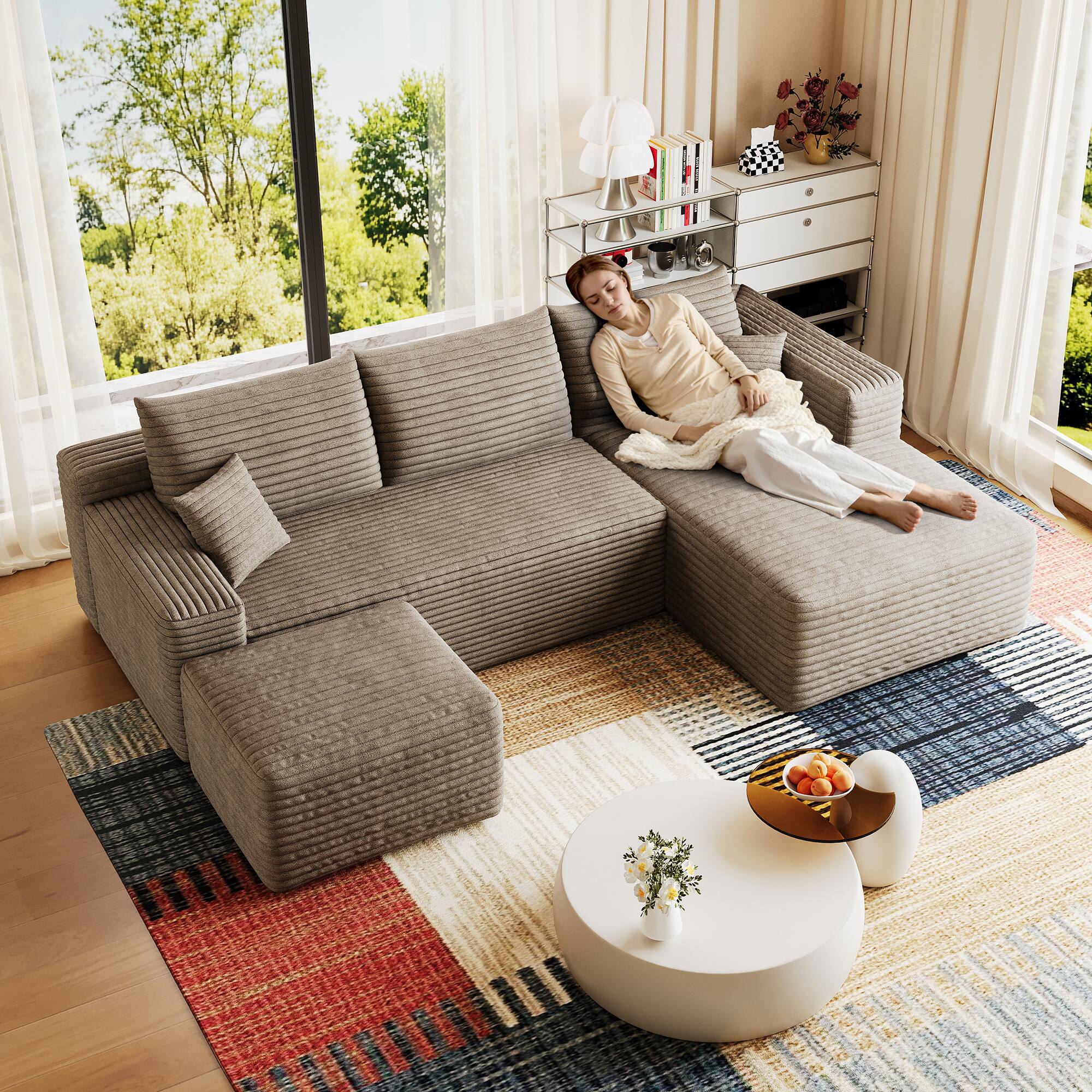 Left. Whisen - 95" U-Shaped Modular Sectional Sofa with 1 Ottoman, Plush Corduroy Fabric Deep Seat Corner Couch - Camel.