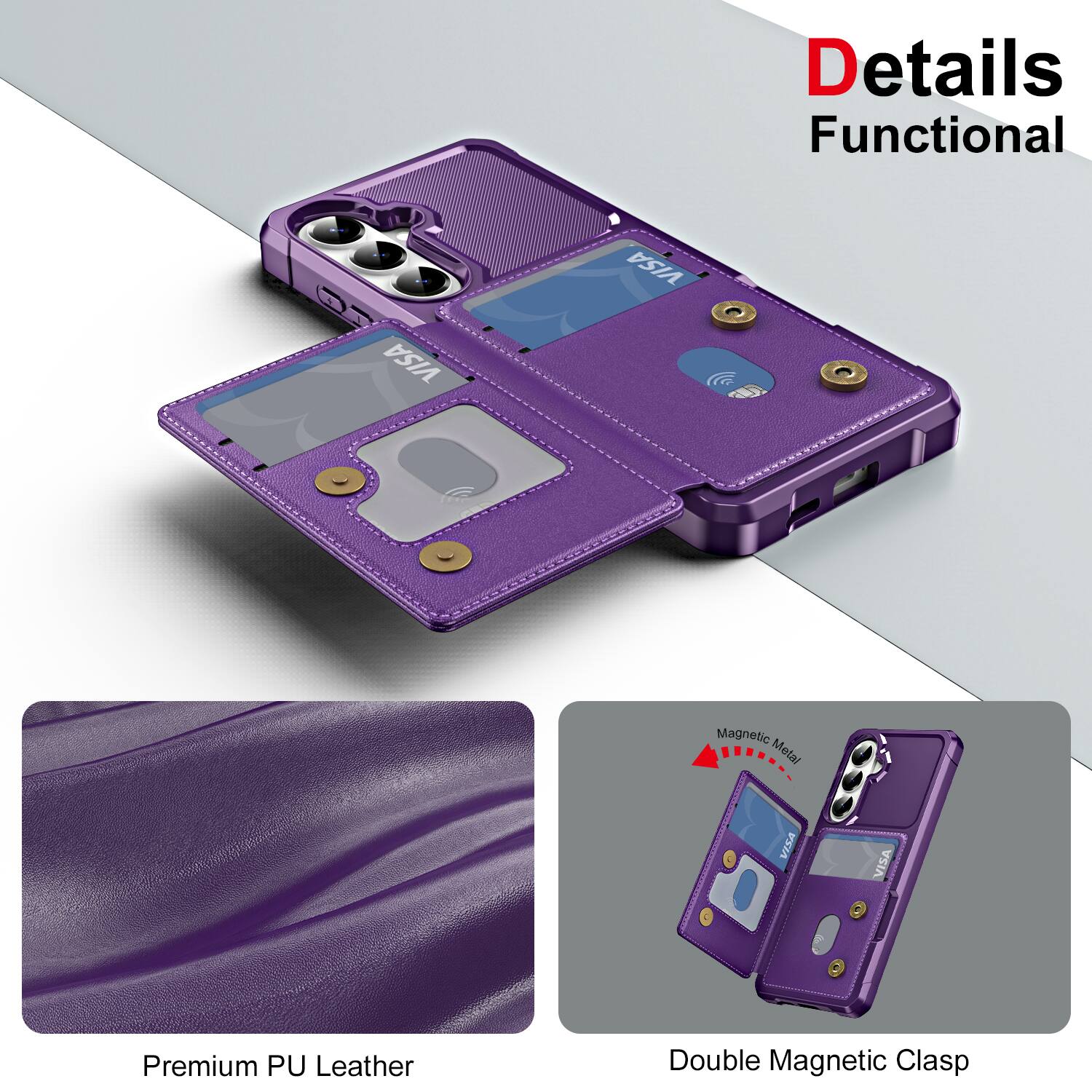 Details  
Functional  

Premium PU Leather  

Double Magnetic Clasp  

Magnetic Metal