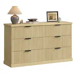 Songmics Home - 6-Drawer Double Dresser for Bedroom, 54.2-Inch Wide Chest of Drawers with Fluted Panels, Transitional Storage Dresser - Oak Beige
