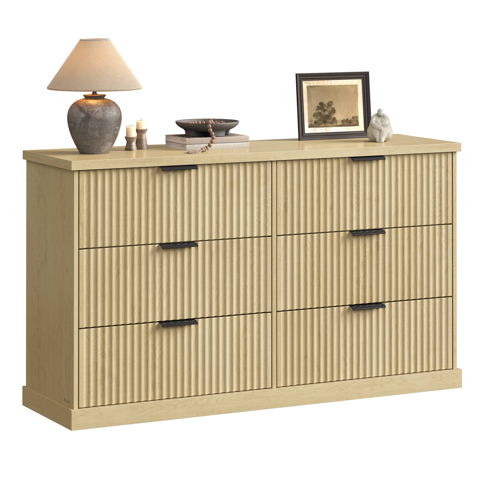 Front. Songmics Home - 6-Drawer Double Dresser for Bedroom, 54.2-Inch Wide Chest of Drawers with Fluted Panels, Transitional Storage Dresser - Oak Beige.