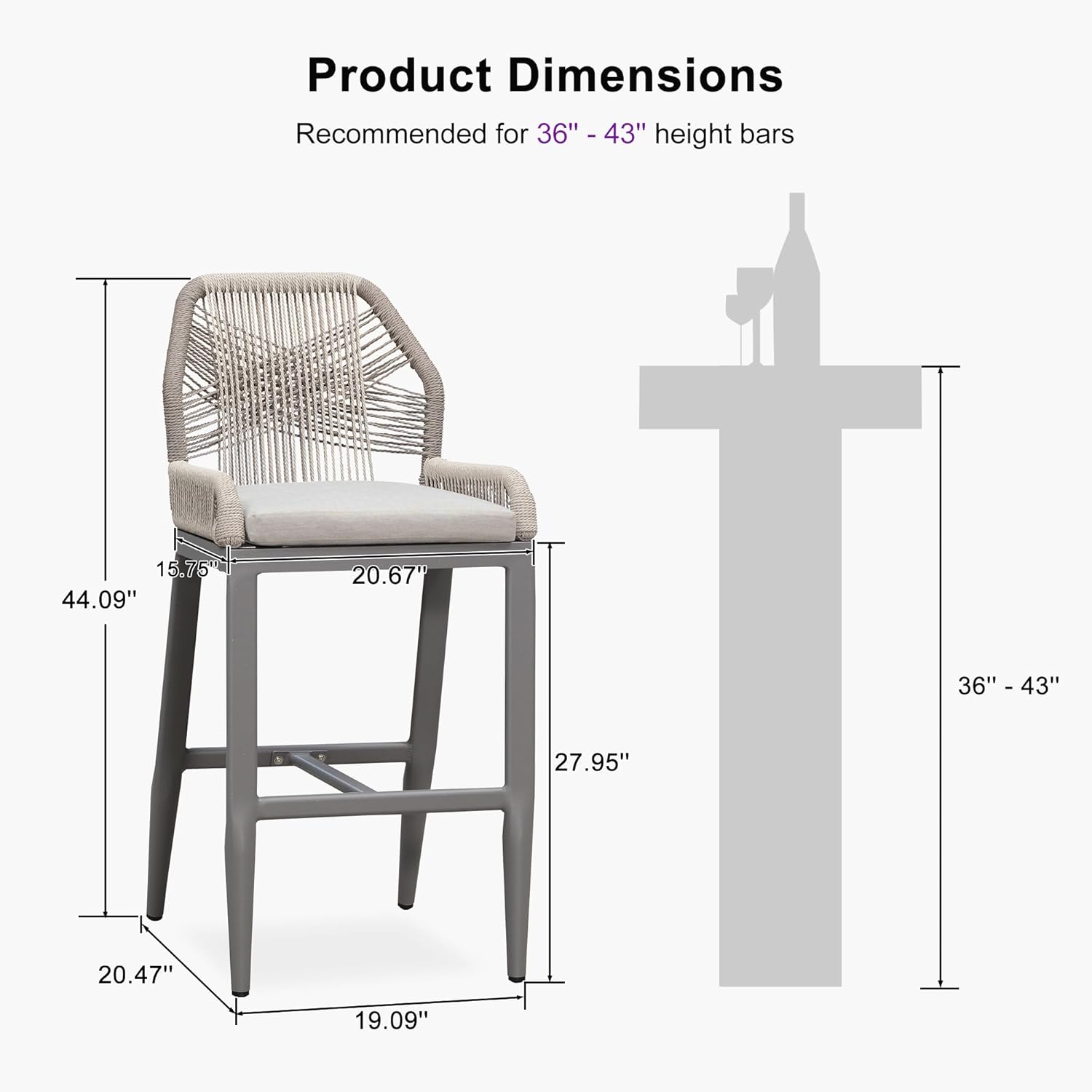 Product Dimensions  
Recommended for 36" - 43" height bars  

- 44.09"  
- 20.67"  
- 27.95"  
- 20.47"  
- 19.09"