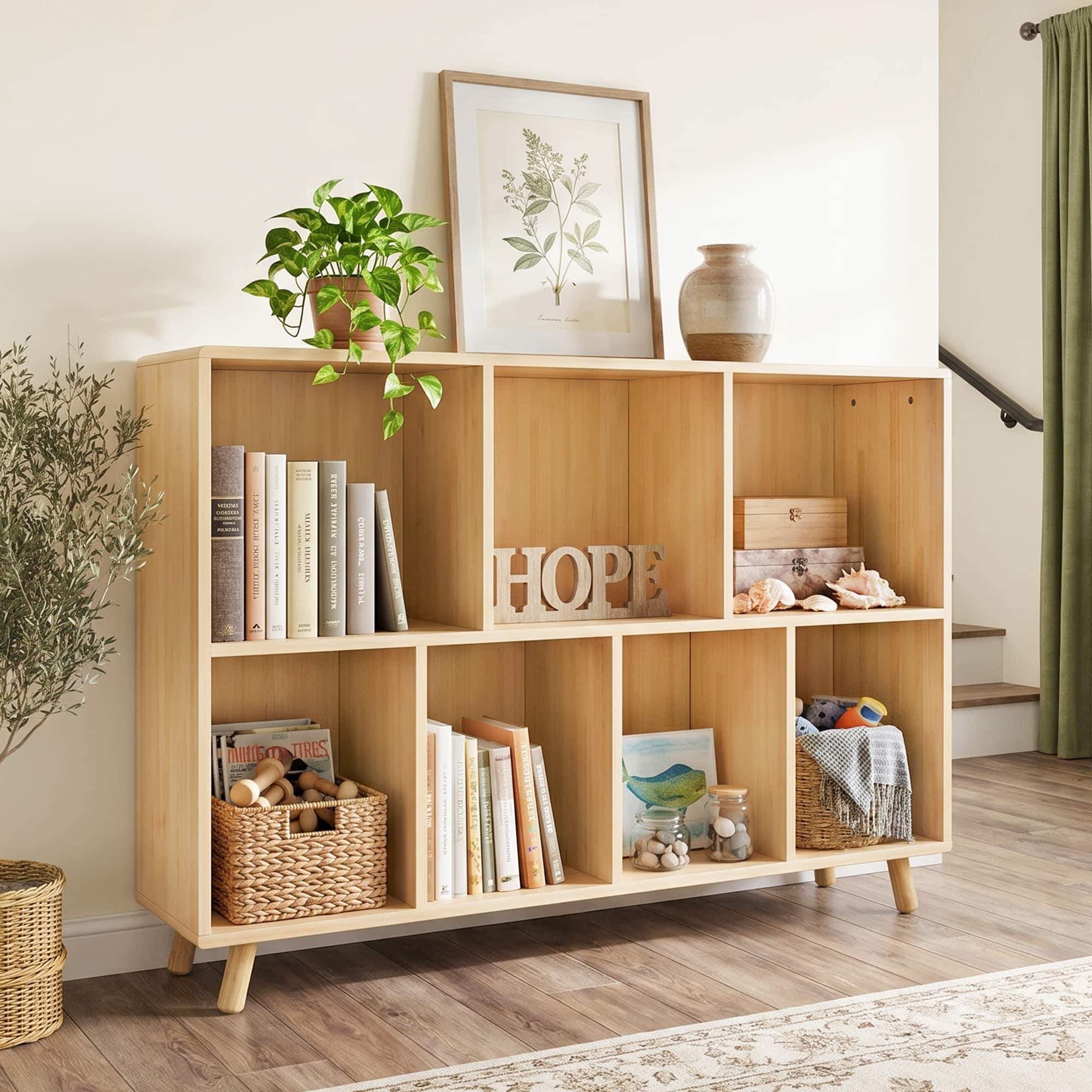 Z-Edge - 7 Cube Storage Organizer, Wooden Bookcase with Storage, 45 Inch Cube Storage Bookshelf for Bedroom and Home Office - Natural