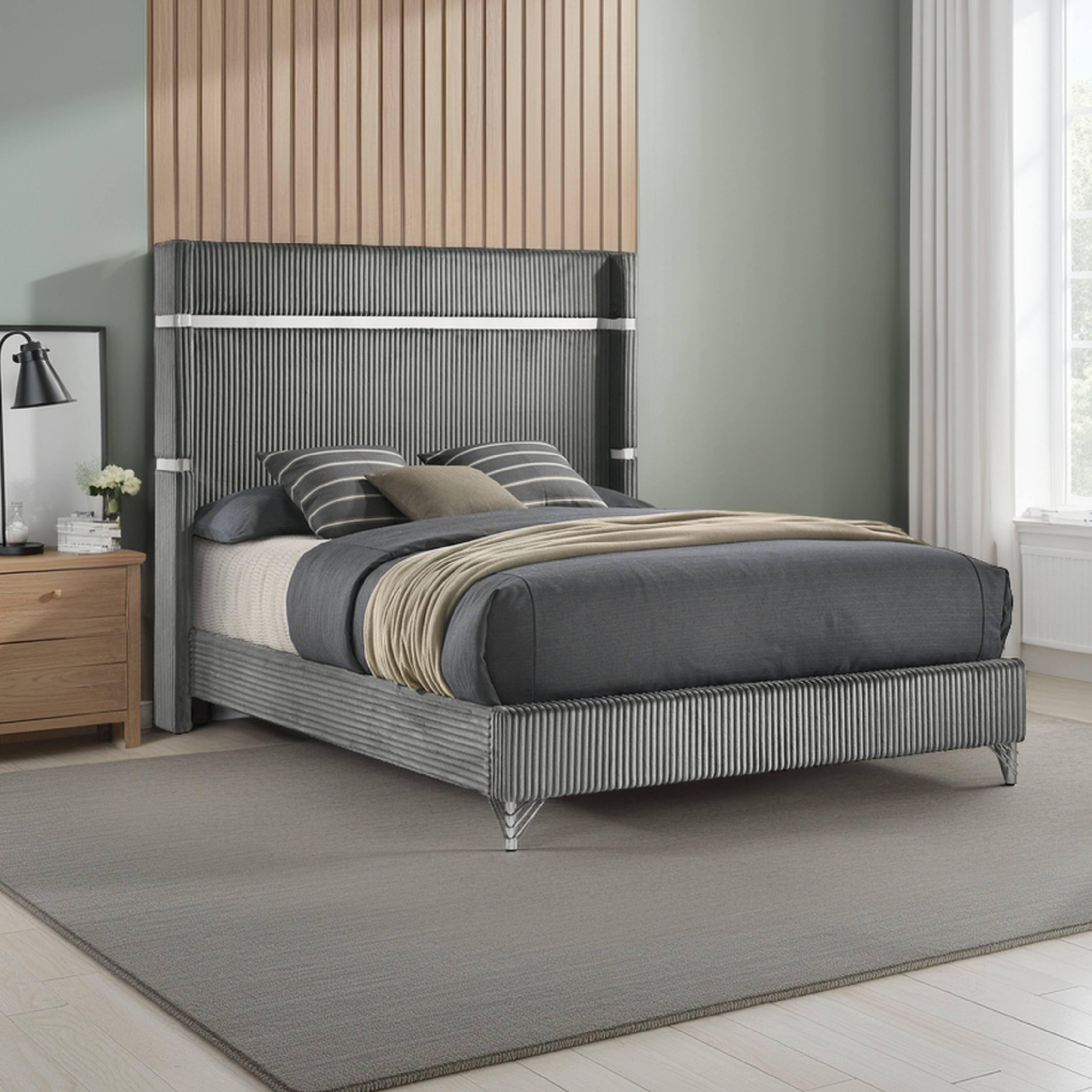 Alt View 5. Manhattan Lane - Jenny Queen Size Bed, Wingback Fluted Upholstered Headboard - Gray, Chrome.