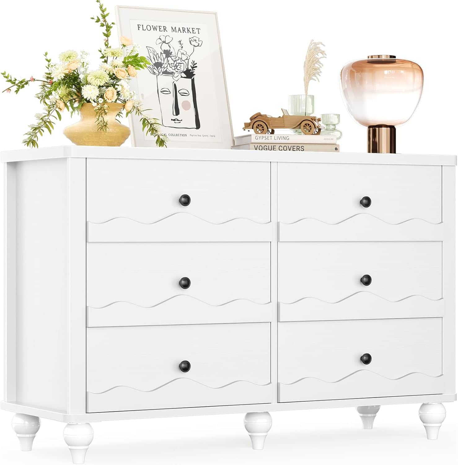Aheaplus - 43-inch Modern 6-Drawer Dresser with Scalloped Front for Bedroom & Living Room Storage - White