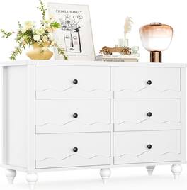 Aheaplus - 43-inch Modern 6-Drawer Dresser with Scalloped Front for Bedroom & Living Room Storage - White