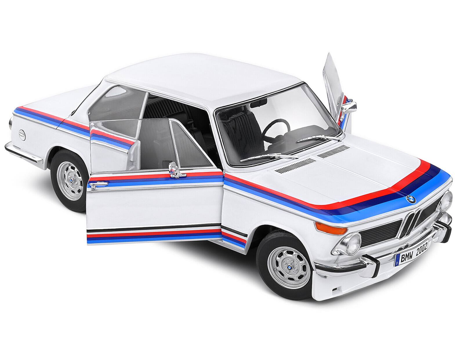 Angle. Solido - 1971 BMW 2002 Tii Turbo "Evocation" White with Stripes 1/18 Diecast Model Car by Solido - Multicolor.