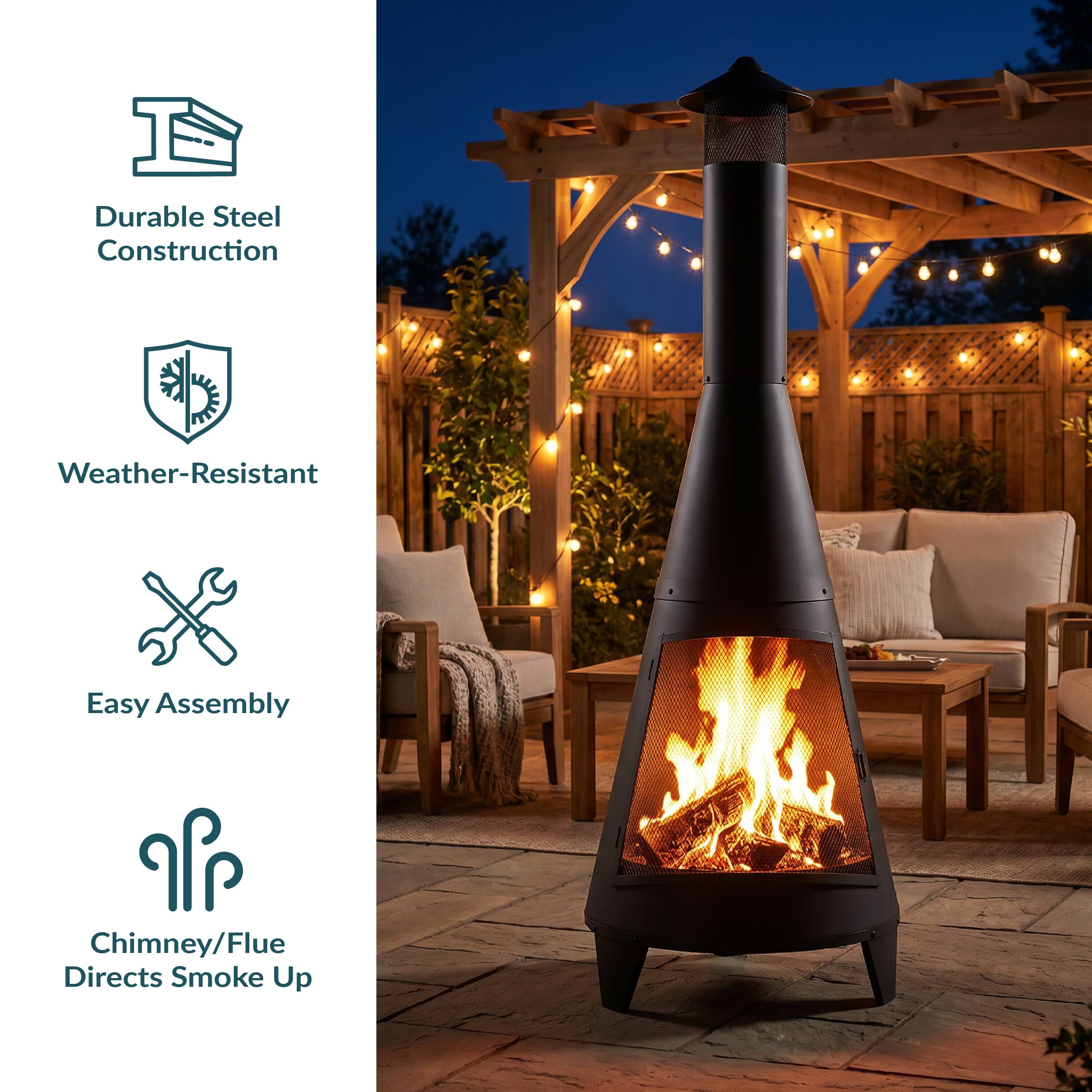 Durable Steel Construction  
Weather-Resistant  
Easy Assembly  
Chimney/Flue Directs Smoke Up