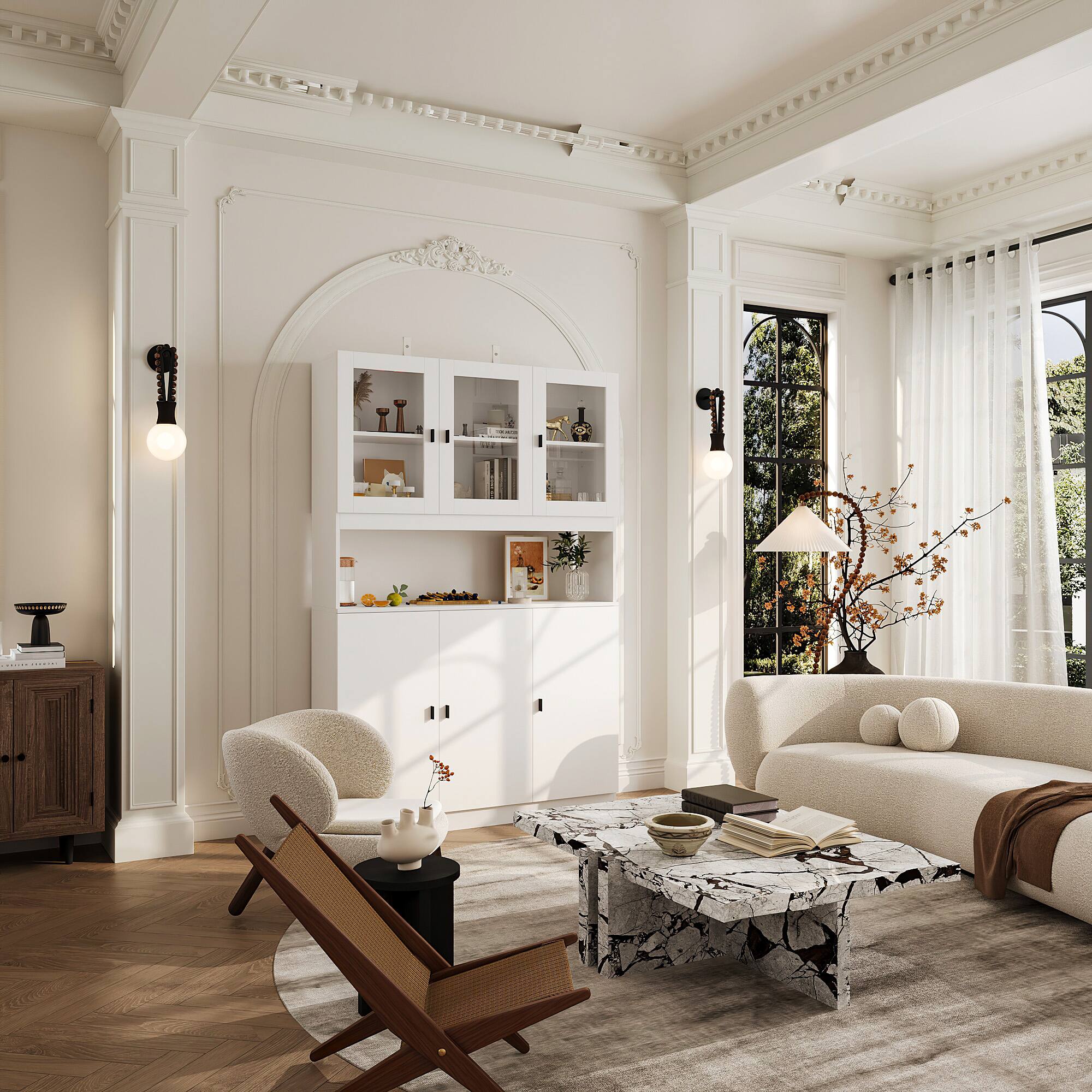 Back. FUFU&GAGA - Large Multi-Purpose Storage Cabinet with Glass Doors and Adjustable Shelves for Living Room Dining Room Office - White.