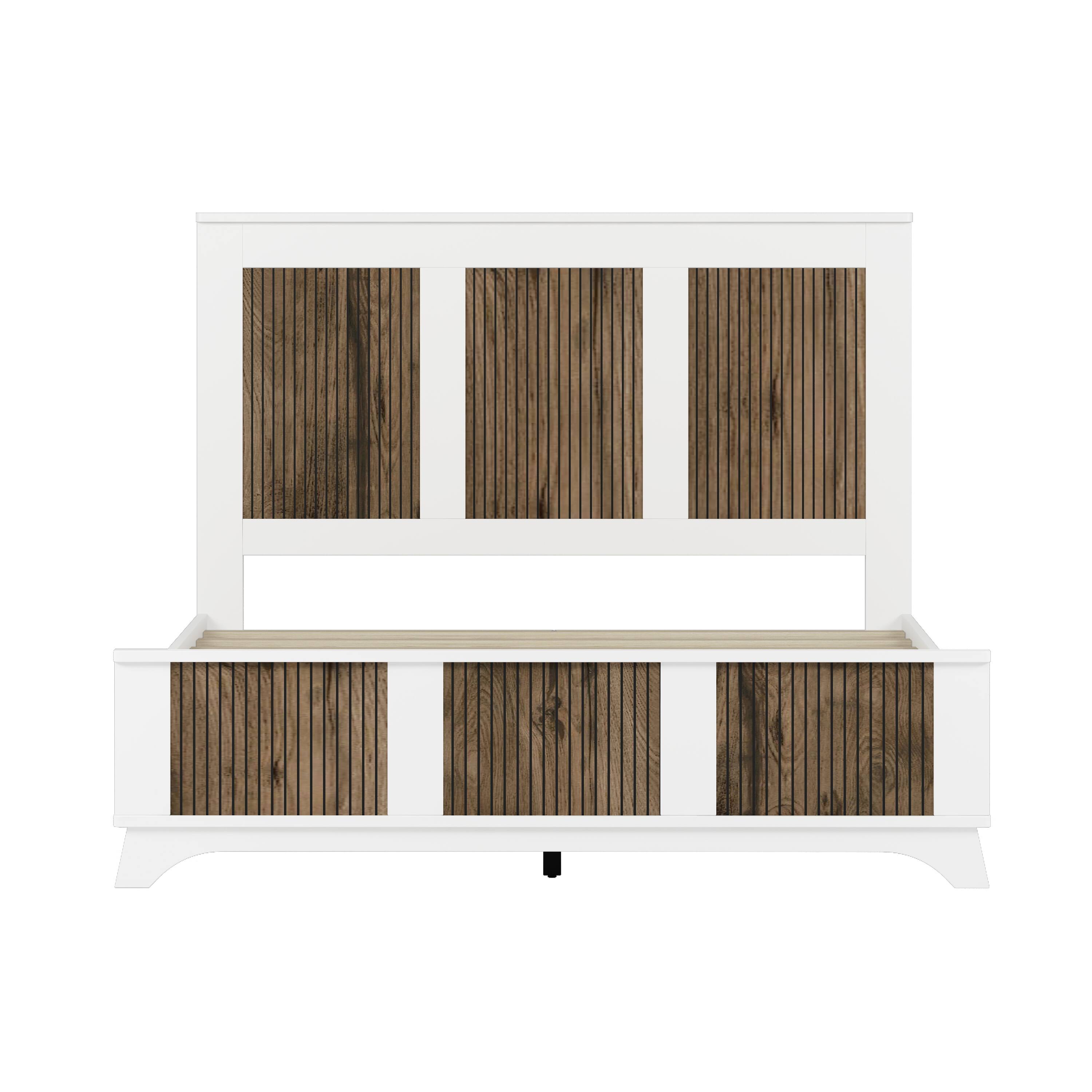 Left. Tiramisubest - Wooden Platform Queen Size Bed, Modern Platform Bed with Wooden Strip Stickers Decoration, Plywood Slats Support, White - White.