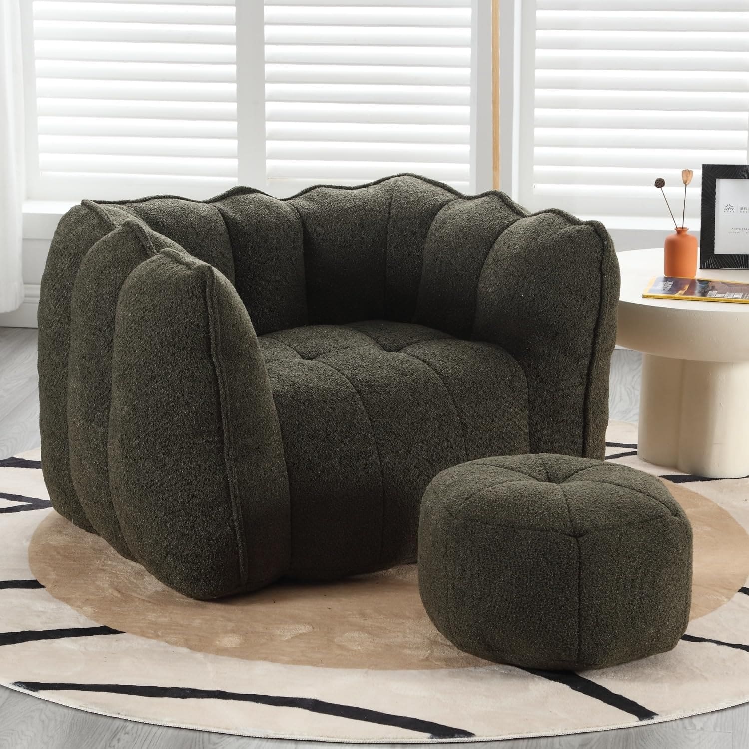 Trinkets Crazed - Chenille Giant Bean Bag Sleeper Chair with Ottoman, Adults and Kids Lazy Floor Sofa Couch - olive green
