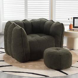 Trinkets Crazed - Chenille Giant Bean Bag Sleeper Chair with Ottoman, Adults and Kids Lazy Floor Sofa Couch - olive green