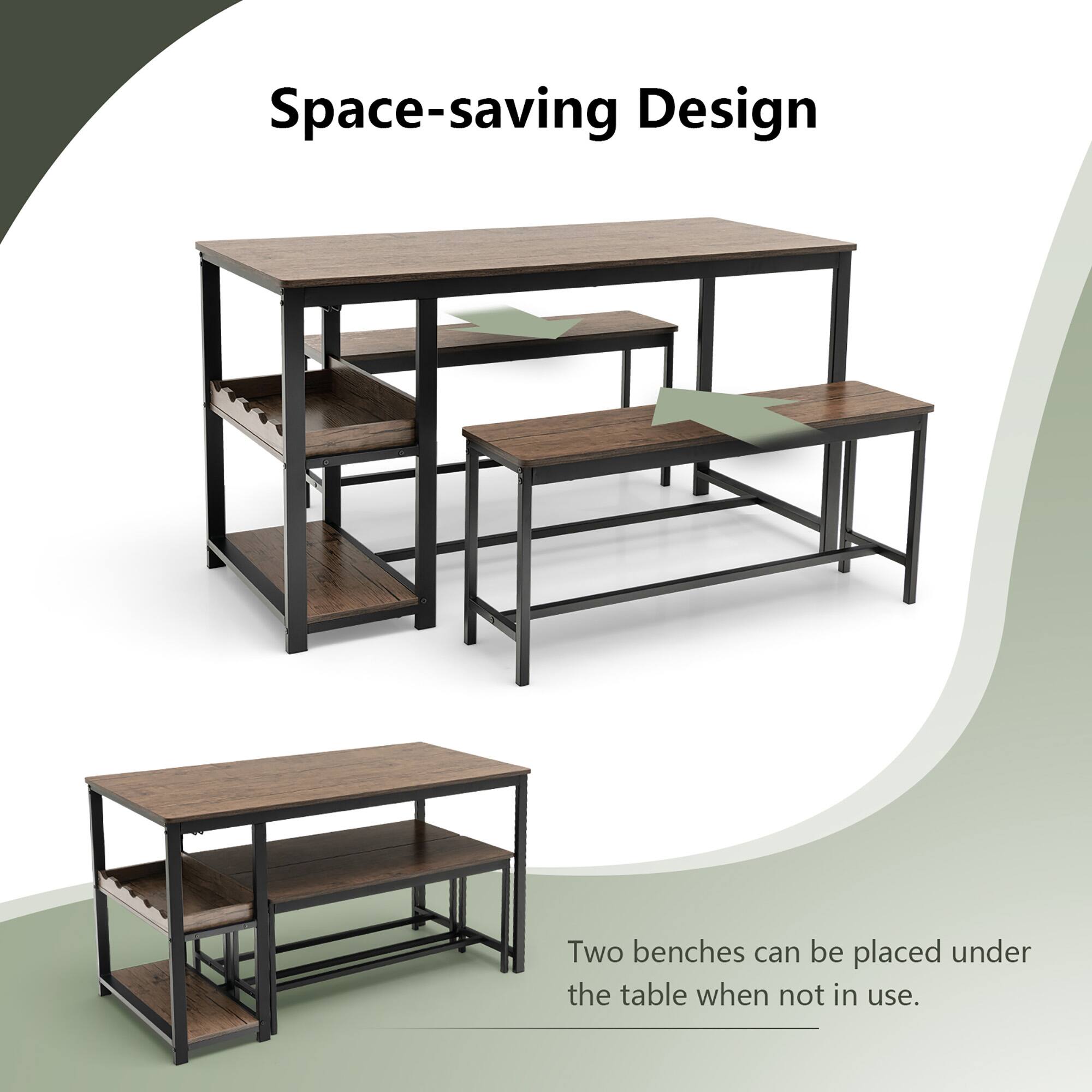 Space-saving Design

Two benches can be placed under the table when not in use.
