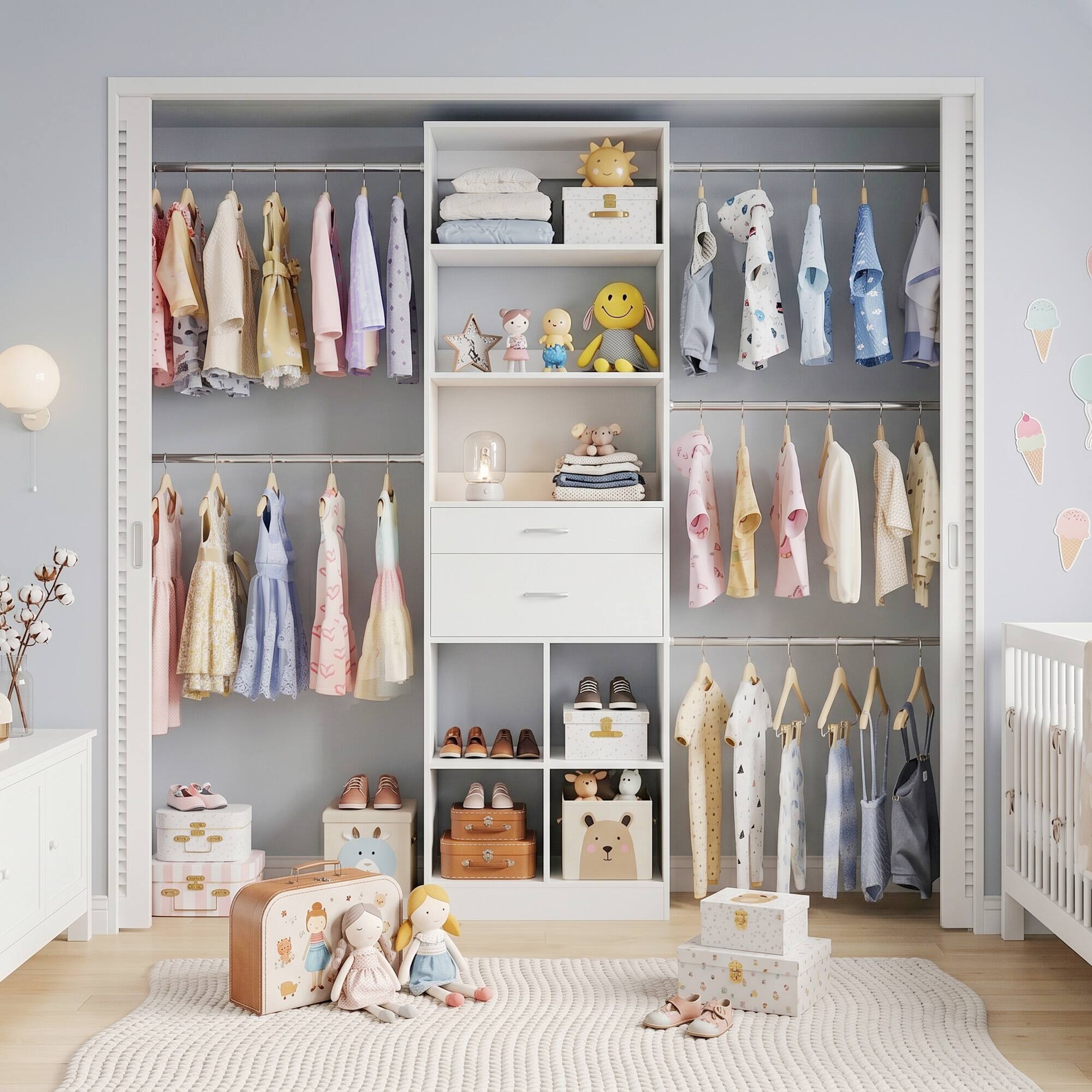 Left. Aheaplus - Small Closet System, 3.2-6.8FT Adjustable Closet Organizer with 2 Drawers & 5 Hanging Rods - White.