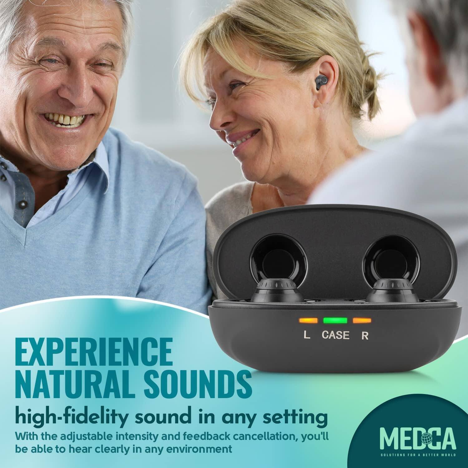 EXPERIENCE NATURAL SOUNDS

high-fidelity sound in any setting

With the adjustable intensity and feedback cancellation, you'll be able to hear clearly in any environment

L CASE R

MEDCA
SOLUTIONS FOR A BETTER WORLD