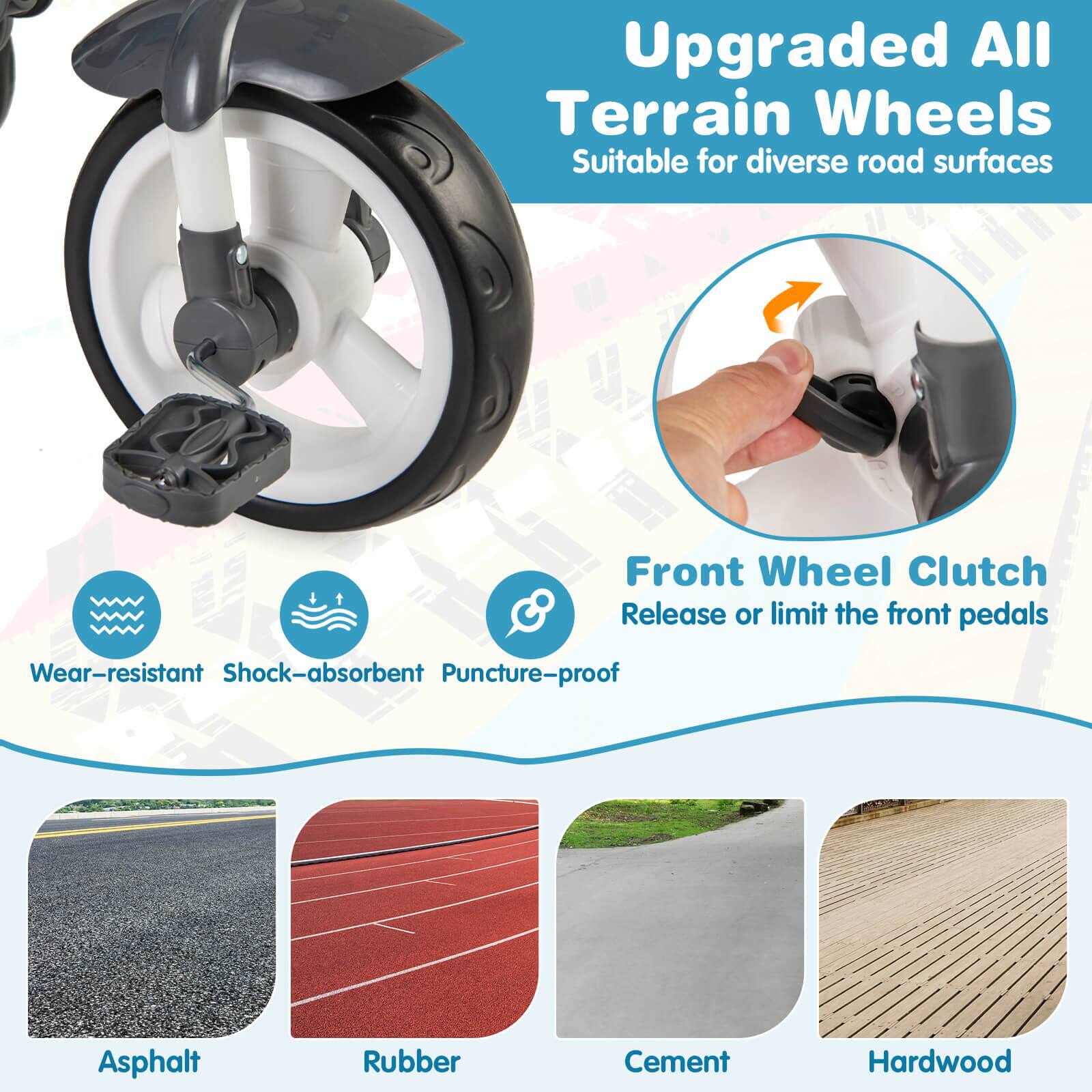 Upgraded All Terrain Wheels  
Suitable for diverse road surfaces  

Front Wheel Clutch  
Release or limit the front pedals  

Wear-resistant  
Shock-absorbent  
Puncture-proof  

Asphalt  
Rubber  
Cement  
Hardwood