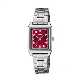 Casio - Women's Red Dial Stainless Steel Classic Analog Watch - LTP-B150DA-4BDF - Silver