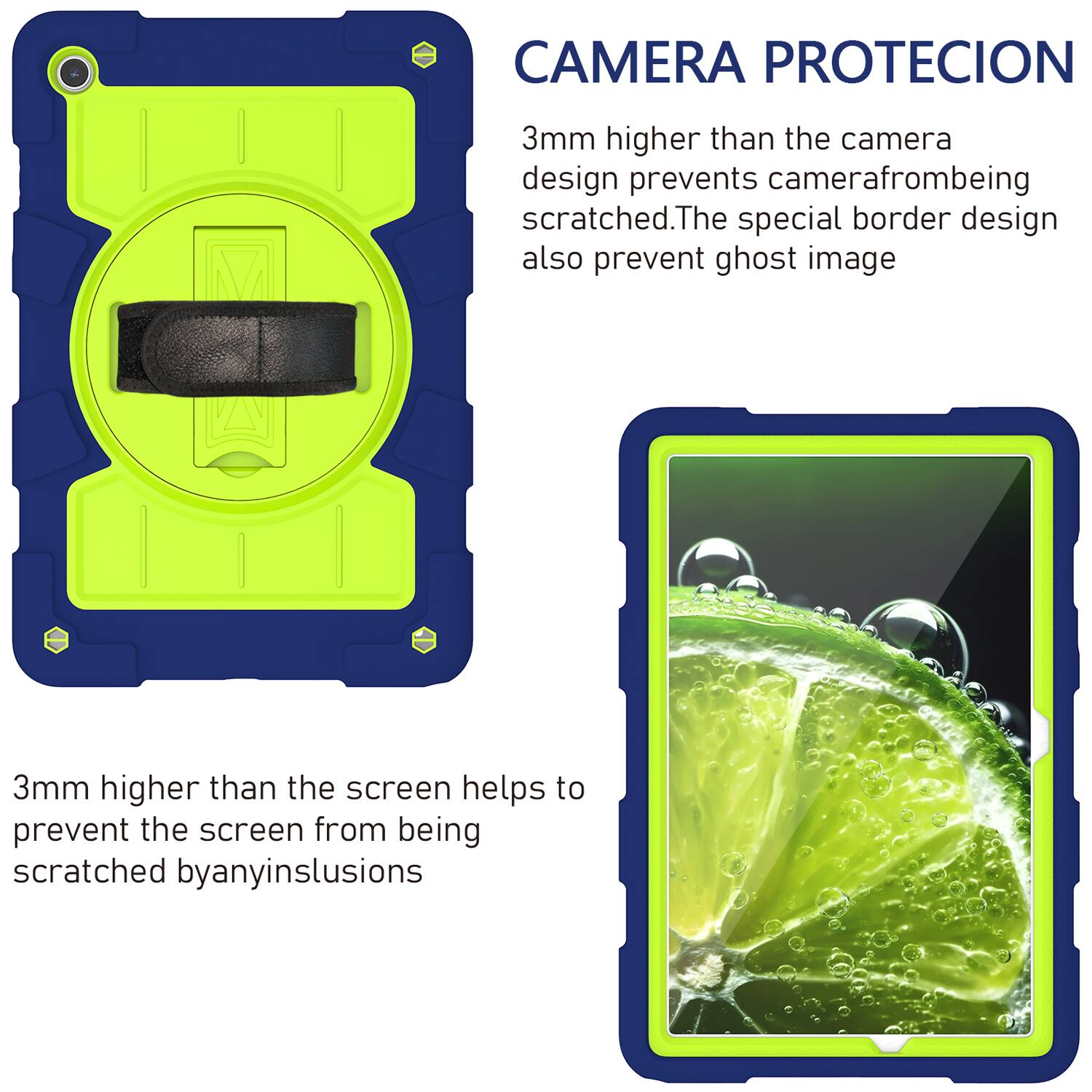 CAMERA PROTECION  
3mm higher than the camera design prevents camera from being scratched. The special border design also prevents ghost image.  

3mm higher than the screen helps to prevent the screen from being scratched by any inclusions.