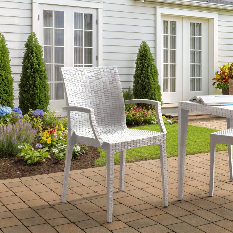 Angle. LeisureMod - Mace 4-Pieces Modern Woven Pattern Dining Chairs - Waterproof Stackable Indoor Outdoor Patio Chairs - White.