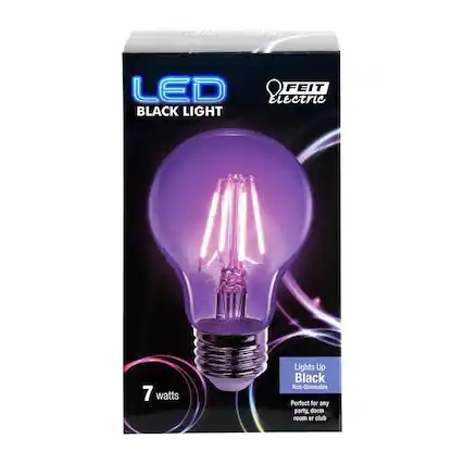 LED FEIT Electric BLACK LIGHT
7 watts
Lights Up Black
Non-Dimmable
Perfect for any party, dorm room or club