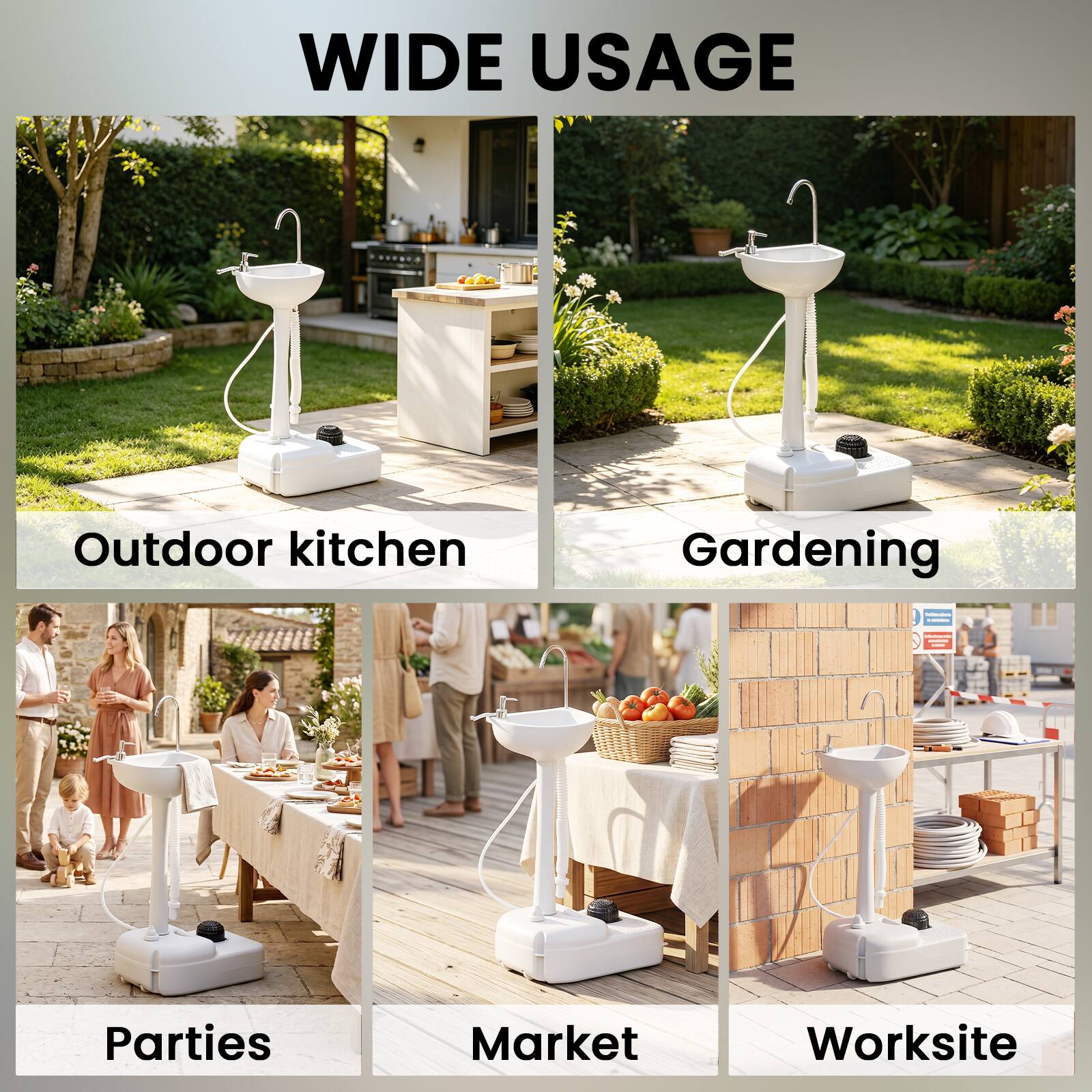 WIDE USAGE

- Outdoor kitchen
- Gardening
- Parties
- Market
- Worksite