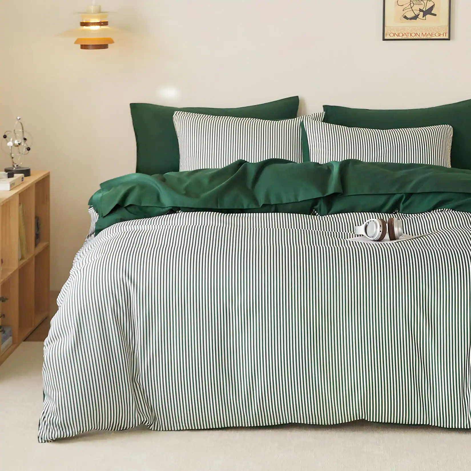 Front. Reds Spade - Striped Comforter Set Ticking Stripe Vertical Pinstripe Neutral Farmhouse Pattern Printed Soft Lightweight - Emerald Green White-Full.