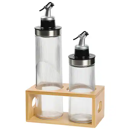 Front. Garnen - Oil and Vinegar Dispenser Set, 13.5oz & 22oz Oil Dispenser for Kitchen, Olive Oil Bottles Dispenser Glass + Wooden Rack - Clear.