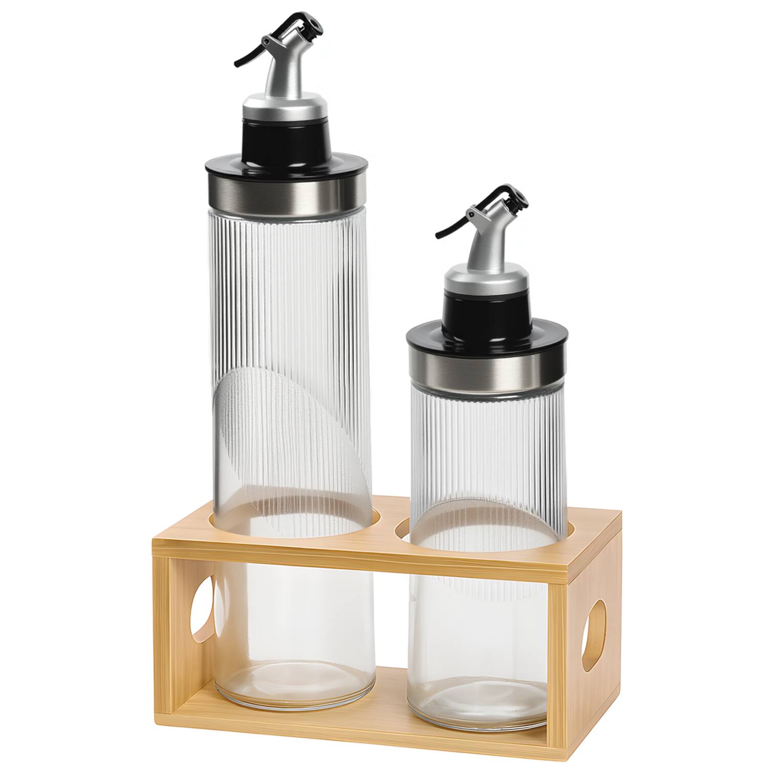 Front. Garnen - Oil and Vinegar Dispenser Set, 13.5oz & 22oz Oil Dispenser for Kitchen, Olive Oil Bottles Dispenser Glass + Wooden Rack - Clear.