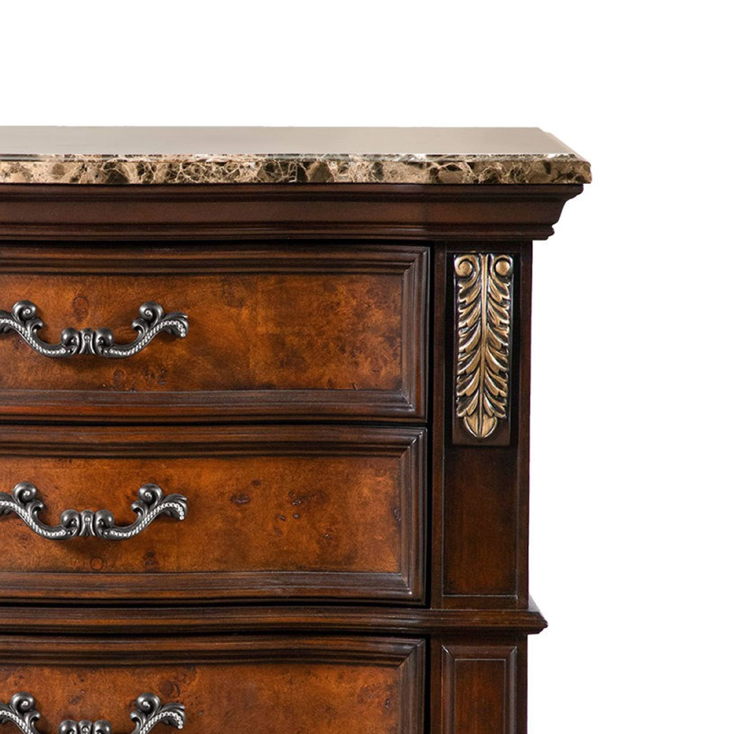 Alt View 2. Manhattan Lane - Iliana Nightstand, 3 Drawers, Ornate Oak and Dark Cherry Brown, 33 Inch - Cherry Brown, Oak Brown, Gold, Bronze.