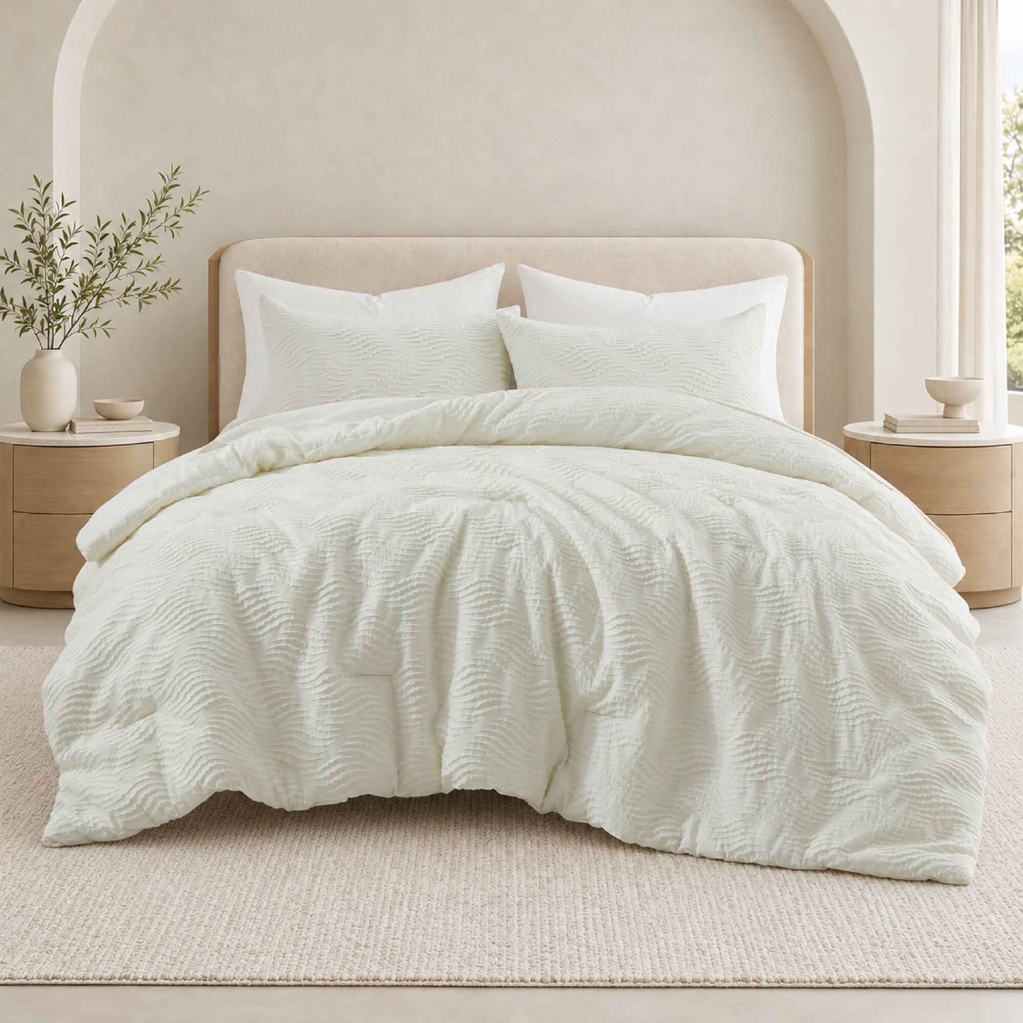 Front. Peace Nest - Peace Nest 3-Piece Bubble Textured Seersucker Comforter Set, All Season Down Alternative Bedding, Cream, Twin - Cream.