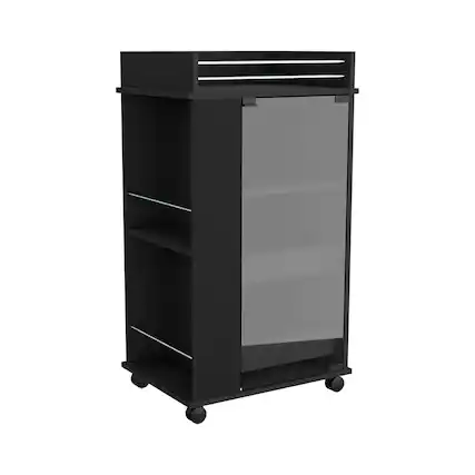 Front. TuHome - Baltimore Bar Cart with Casters, Glass Door, 2-Side Shelf, Living Room or Bar Room - Black.