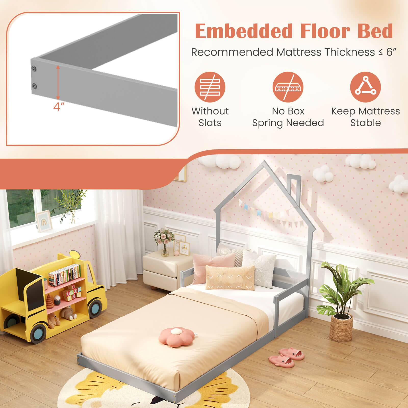 Embedded Floor Bed Recommended Mattress Thickness: 6" 0 Dioie ... 4" Without Slats No Box Keep Mattress Spring Needed Stable