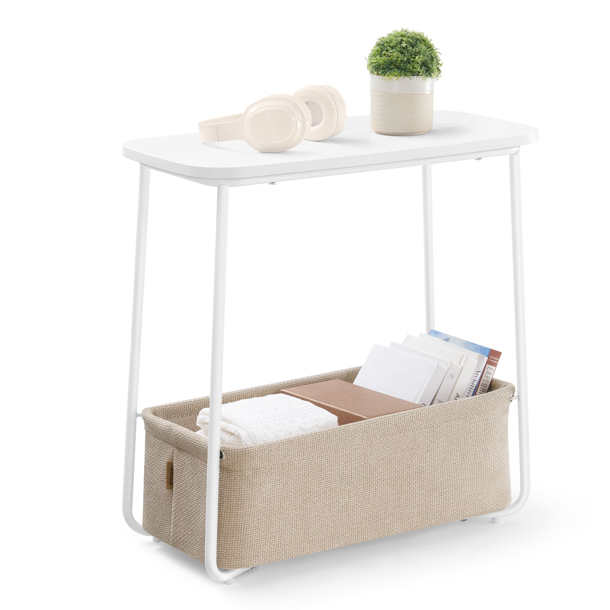 Songmics Home - Side Table, End Table with Fabric Basket, Modern Nightstand, Rectangular Bedside Table, for Living Room, Bedroom - Matte White and Camel Brown