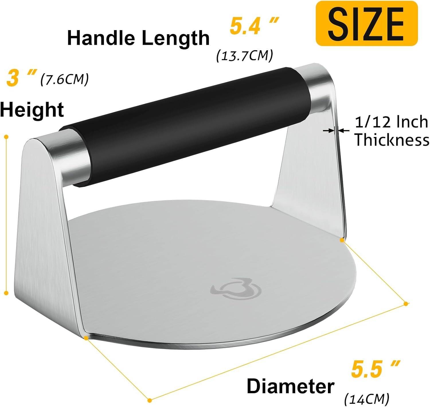 - Handle Length: 5.4" (13.7CM)
- Height: 3" (7.6CM)
- Thickness: 1/12 Inch
- Diameter: 5.5" (14CM)