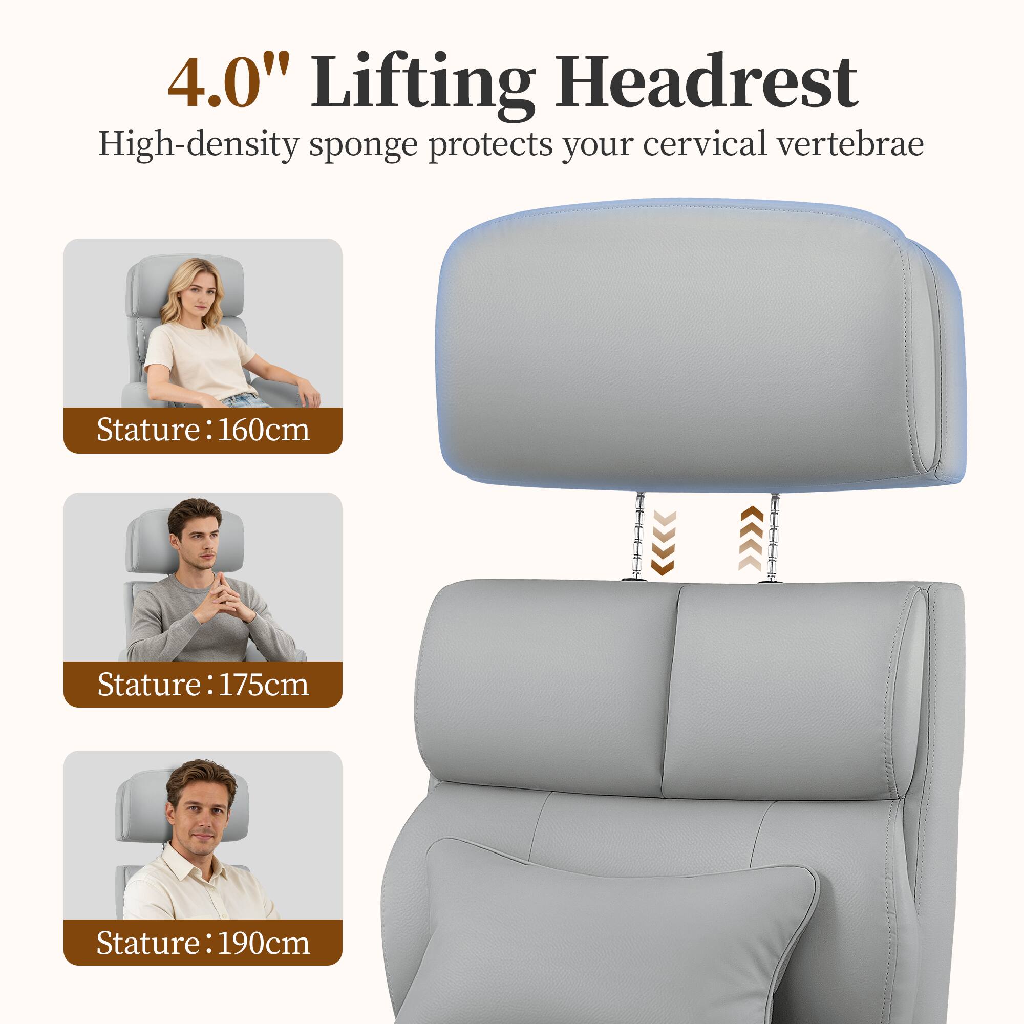 4.0" Lifting Headrest  
High-density sponge protects your cervical vertebrae  

Stature: 160cm  
Stature: 175cm  
Stature: 190cm