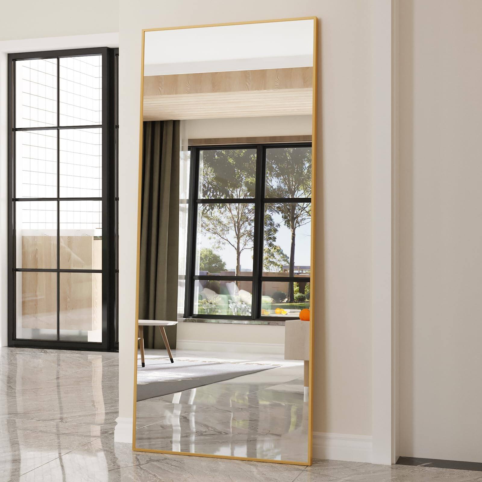 Alt View 3. Cedar Assembly - 65"x22" Full Length Mirror With Stand Aluminum Rectangle Body Tempered Hanging Leaning Standing Wall Moun... - Gold-71"L x 32"W.