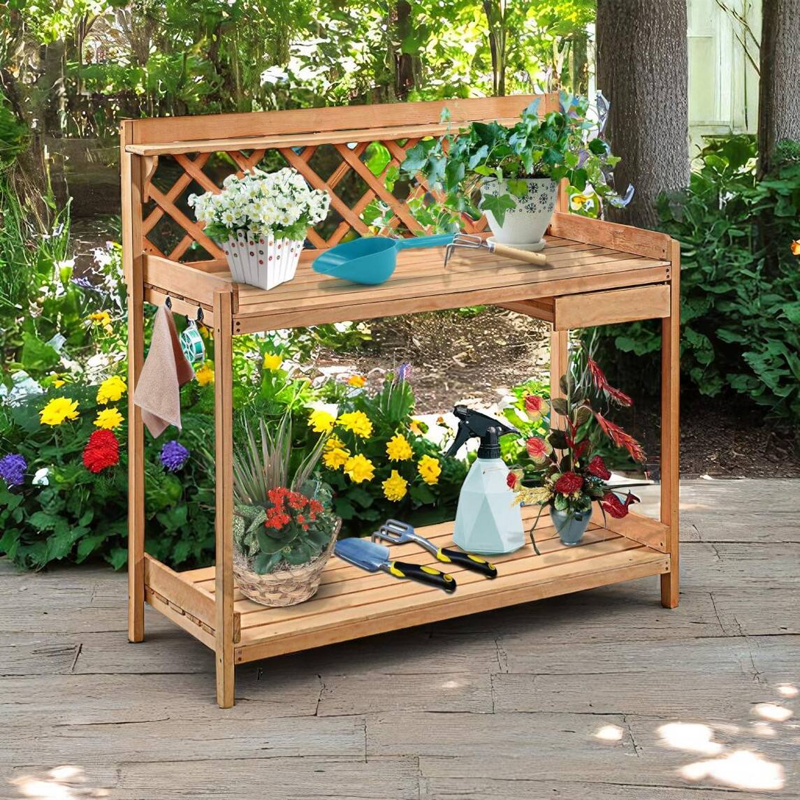Angle. SlickBlue - Garden Potting Bench Solid Wood Work Table with Open Shelf Storage - Natural Wood.