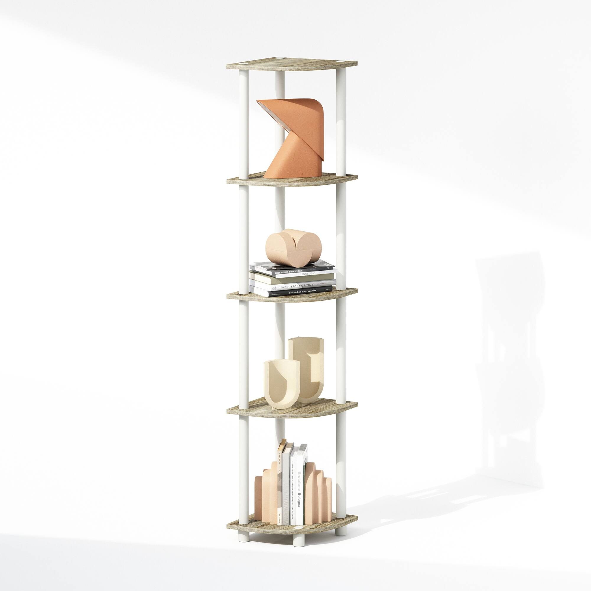 Alt View 3. Furinno - TURN-N-TUBE Corner Shelf, 5-Tier Corner Display Rack, Shelving Unit, for Storage and Organization - Light Oak/Plain White.