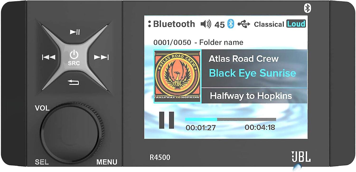Bluetooth 45 Classical Loud
SRC 0001/0050 - Folder name
ROAD CREW Atlas Road Crew *ATLAS * Black Eye Sunrise
ARC HALFWAY TO HOPKING
Halfway to Hopkins
00:01:27 00:04:18
SEL MENU R4500 UBL