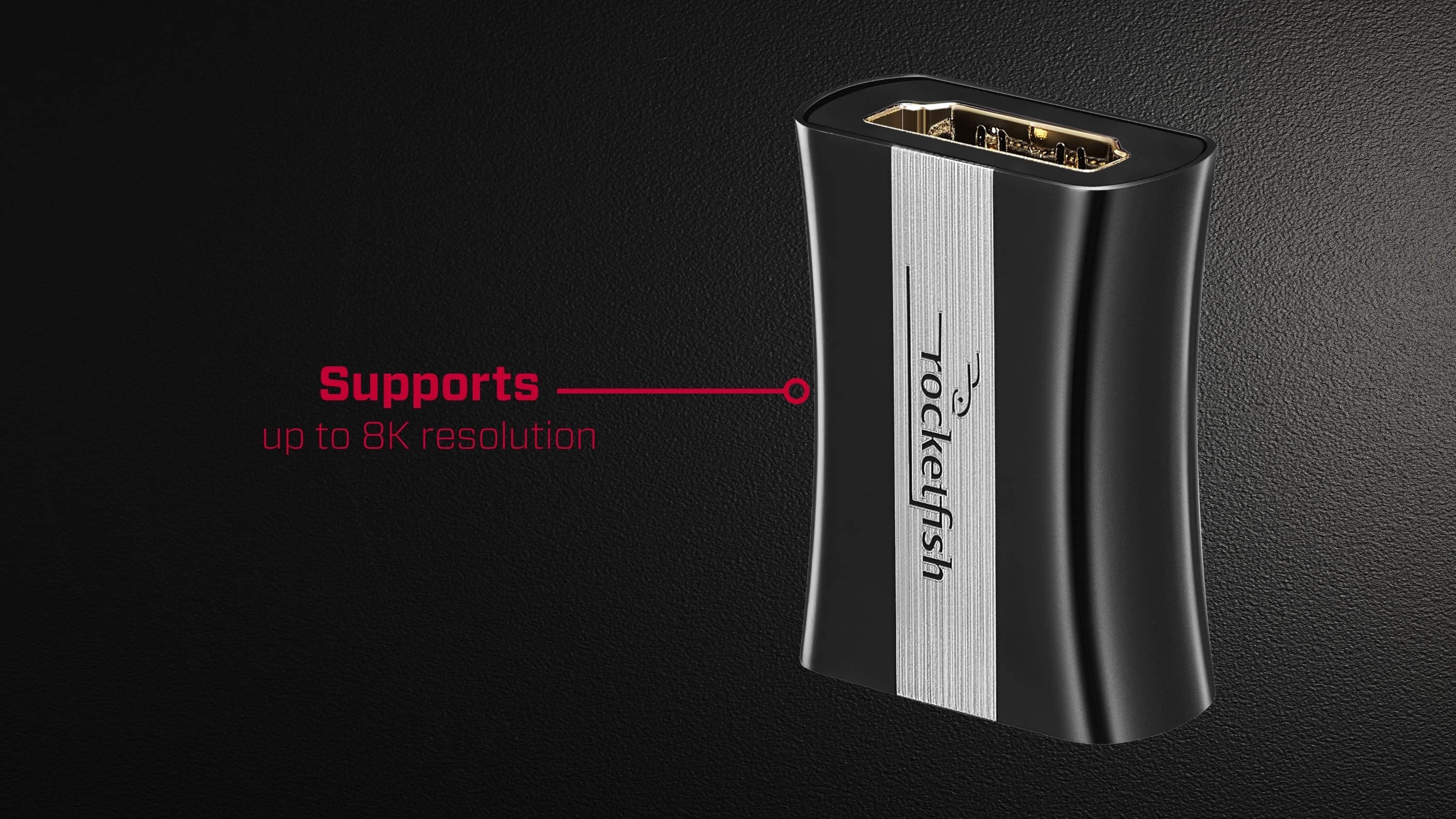 The text on the image reads: "Supports up to 8K resolution J rocketfish."