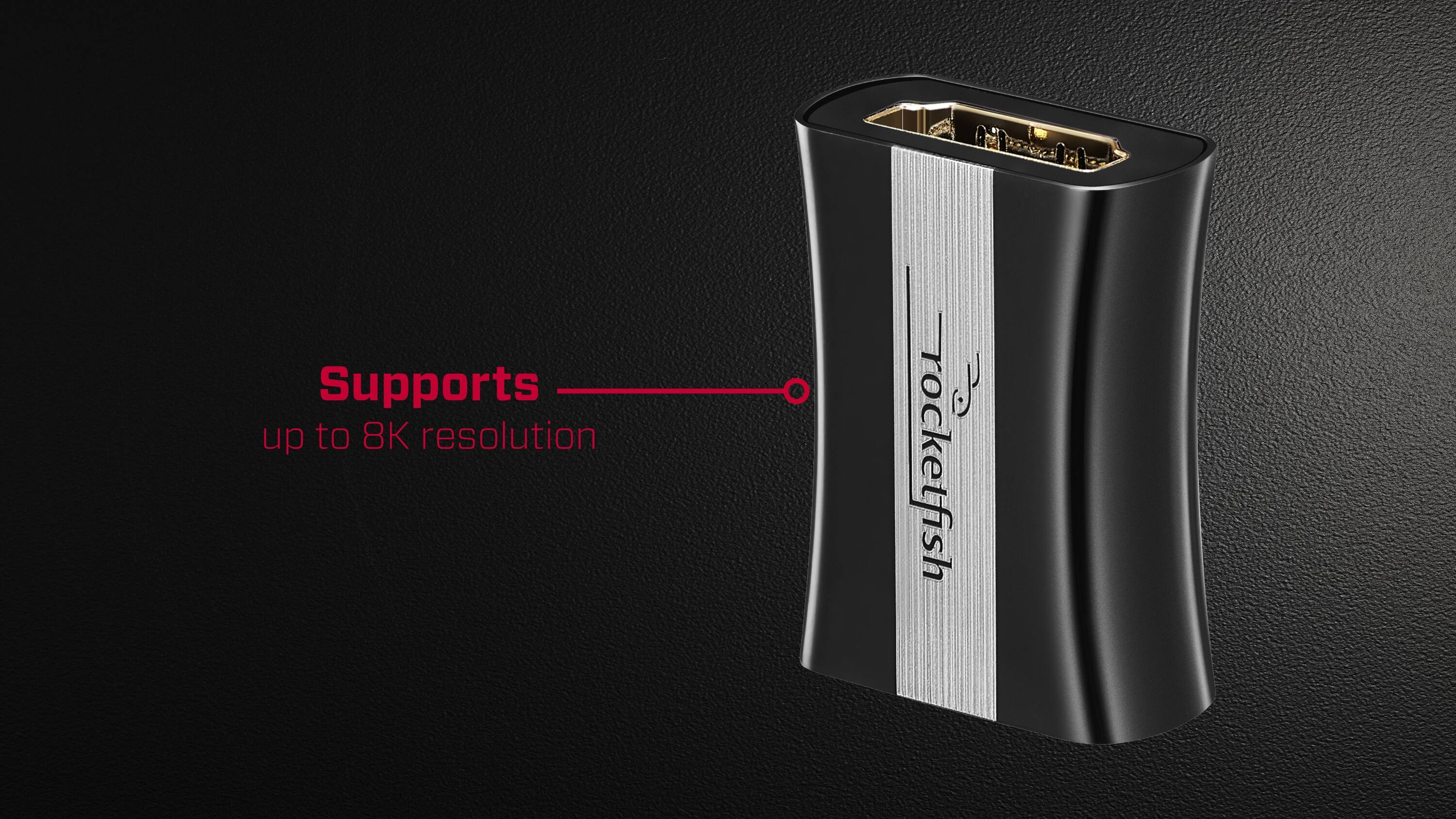 The text on the image reads: "Supports up to 8K resolution J rocketfish."
