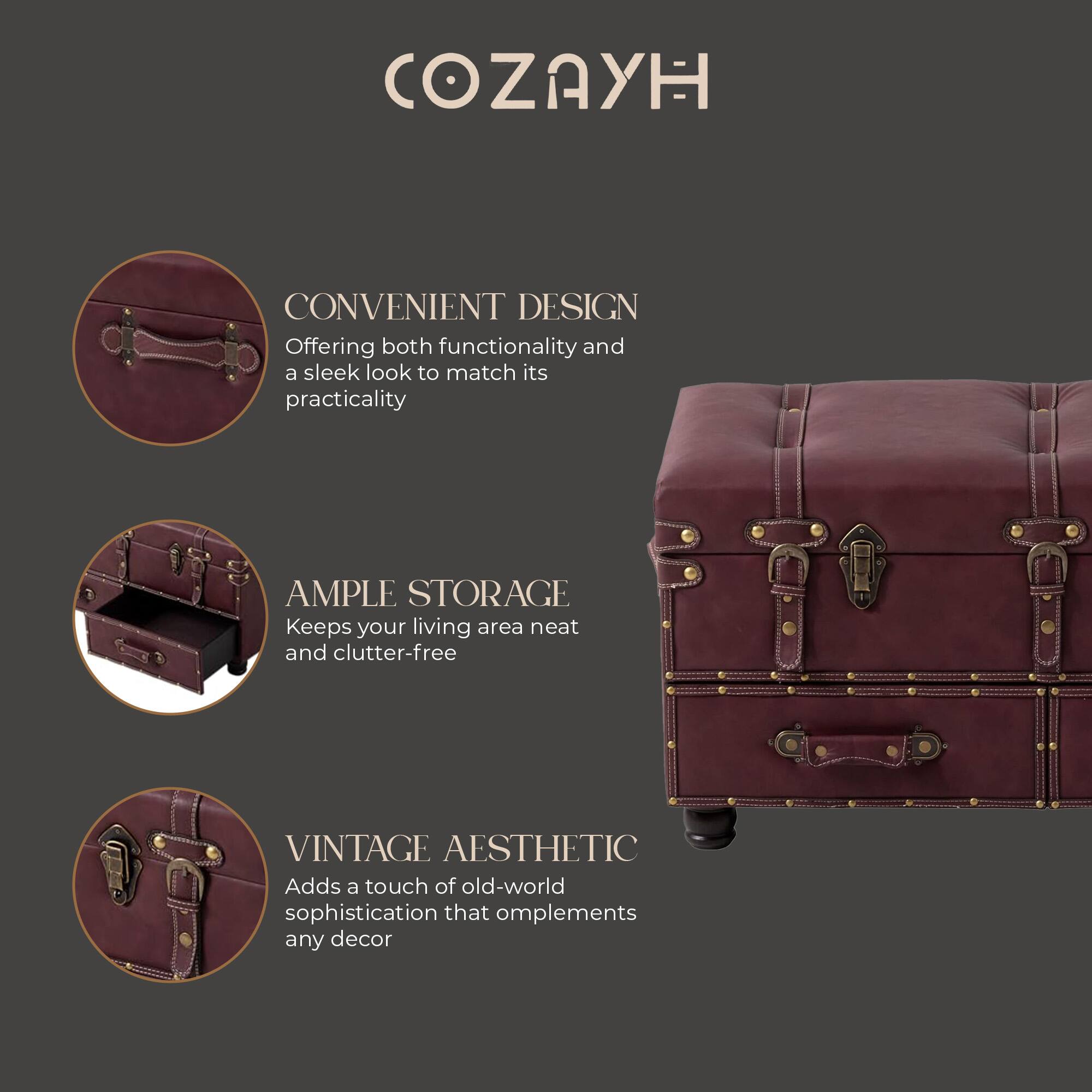 COZAYH

CONVENIENT DESIGN  
Offering both functionality and a sleek look to match its practicality

AMPLE STORAGE  
Keeps your living area neat and clutter-free

VINTAGE AESTHETIC  
Adds a touch of old-world sophistication that complements any decor