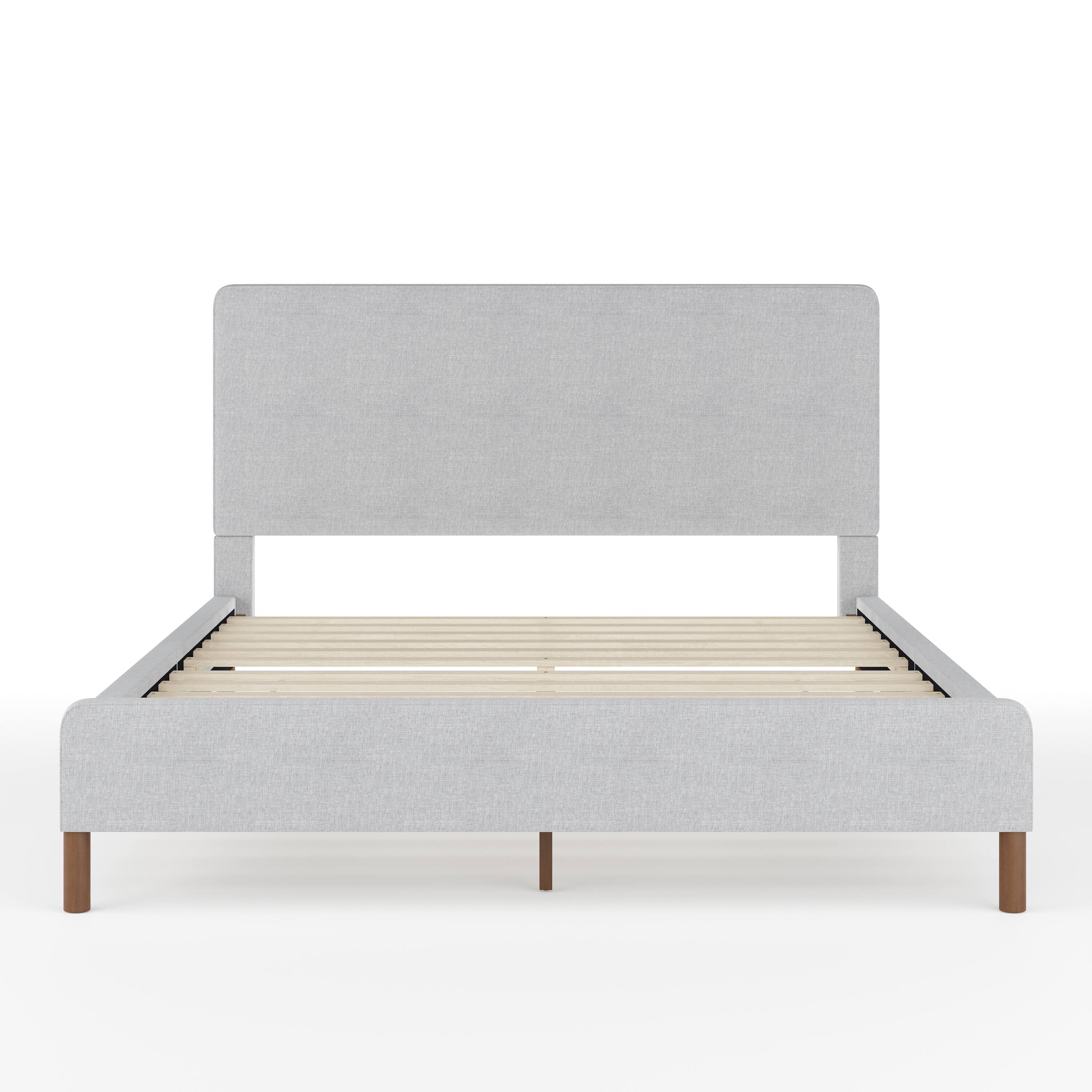 Alt View 18. Martha Stewart - Britta Faux Linen Upholstered Queen Size Platform Bed with Piped Headboard - Gray Fabric/Walnut Legs.