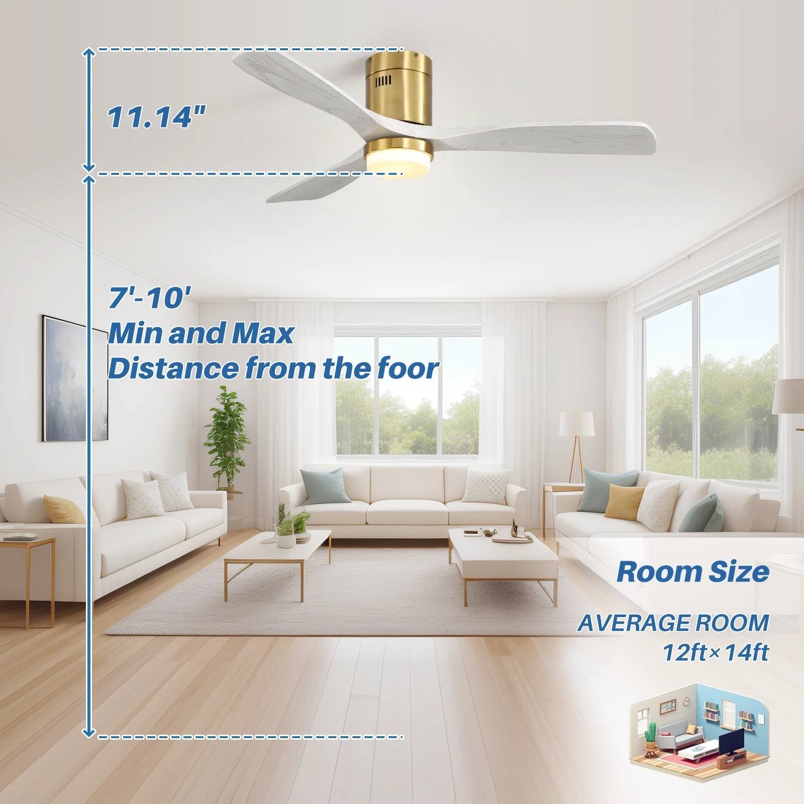 11.14"  
7'-10' Min and Max Distance from the floor  
Room Size  
AVERAGE ROOM 12ft x 14ft
