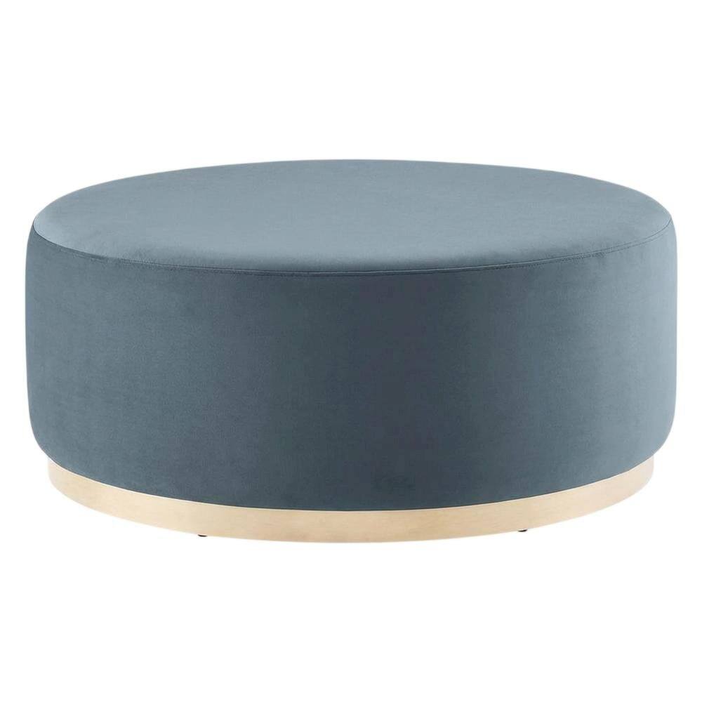 Front. Outdoor Escape - Round Velvet Outdoor Ottoman With Upholstered Top For Lounge Area - Blue.