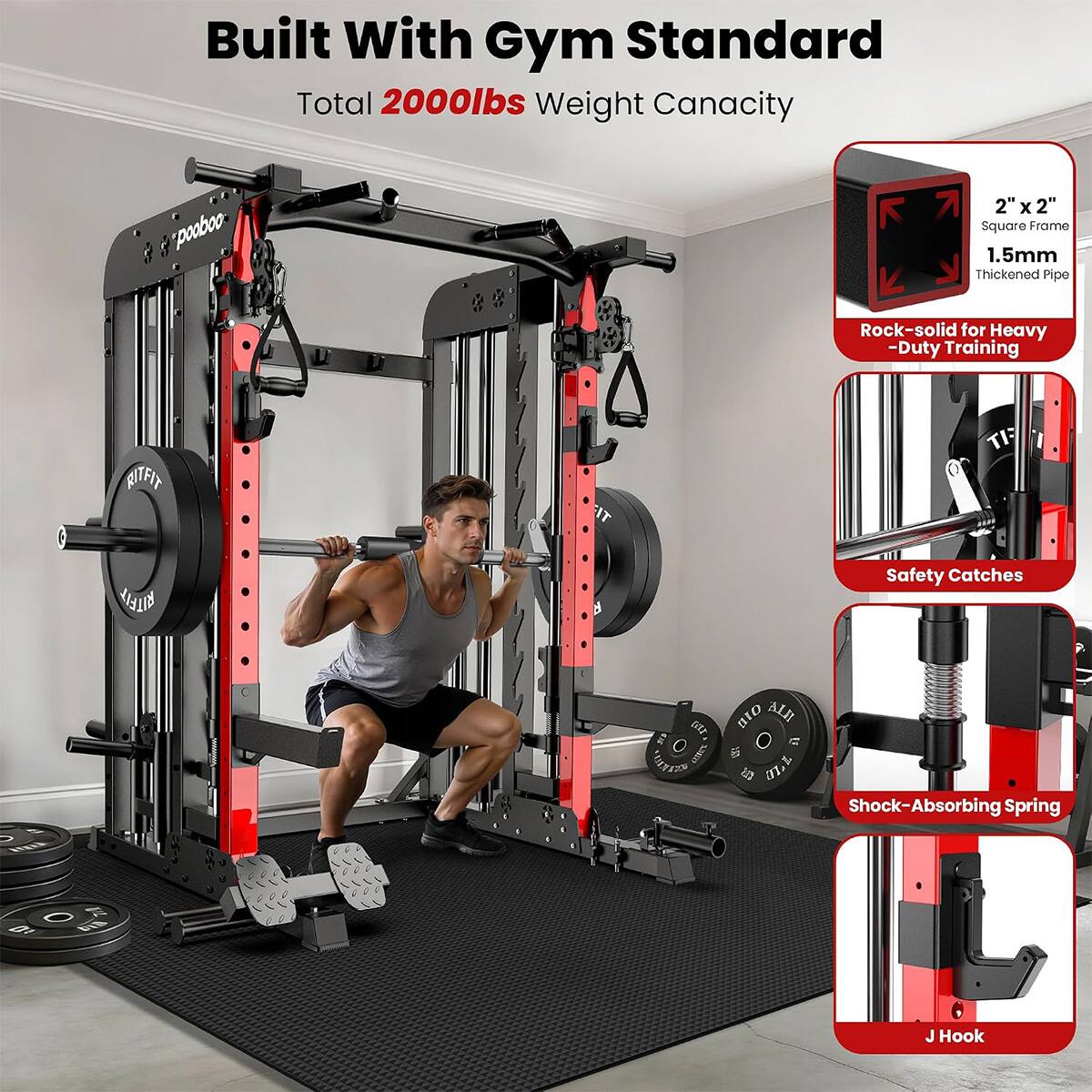 Built With Gym Standard  
Total 2000lbs Weight Capacity  

2"x2" Square Frame 1.5mm Thickened Pipe  
Rock-solid for Heavy-Duty Training  

Safety Catches  

Shock-Absorbing Spring  

J Hook