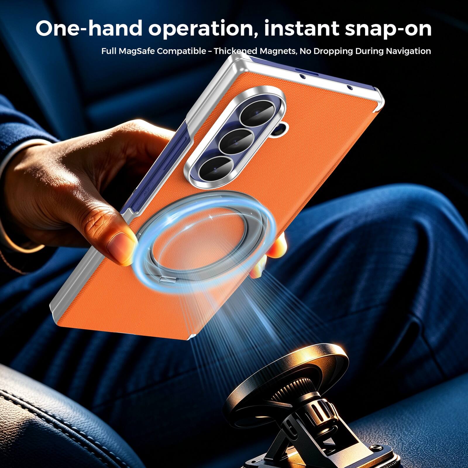 One-hand operation, instant snap-on  
Full MagSafe Compatible - Thickened Magnets, No Dropping During Navigation